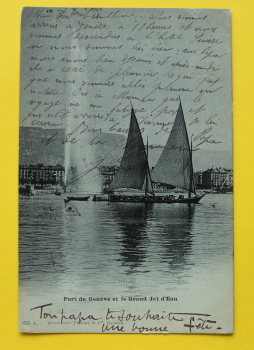 Ansichtskarte Mondschein AK Genf / Grand Jet d Eau / 1903 / Segelschiff – Barque – Baumaterial – Häuser